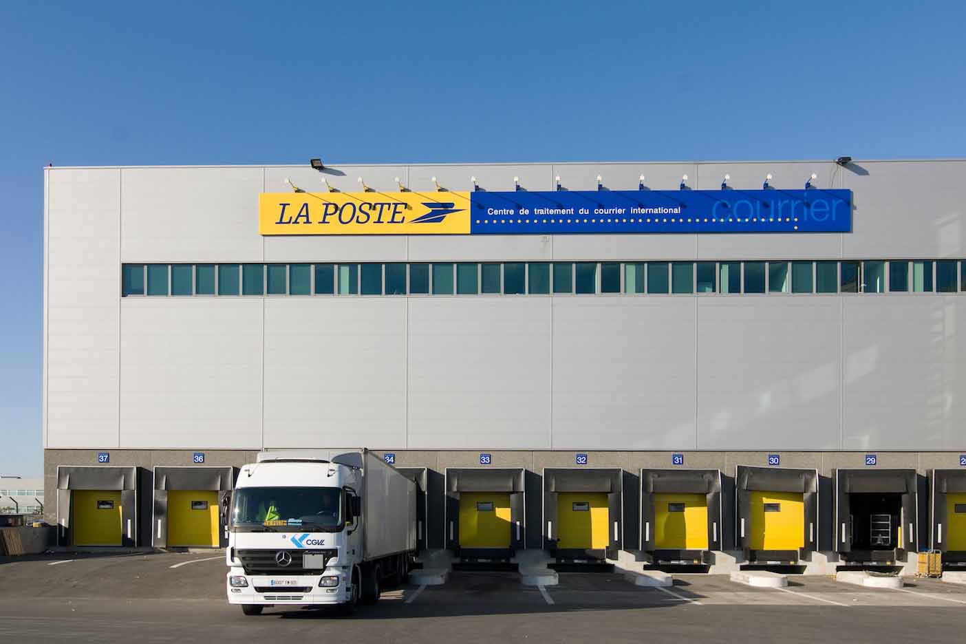 Logistics warehouse with trucks