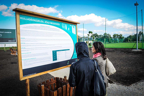 Feature - Creating a Green Path Forward Visitors read about proper waste disposal and green procurement at points along the path.