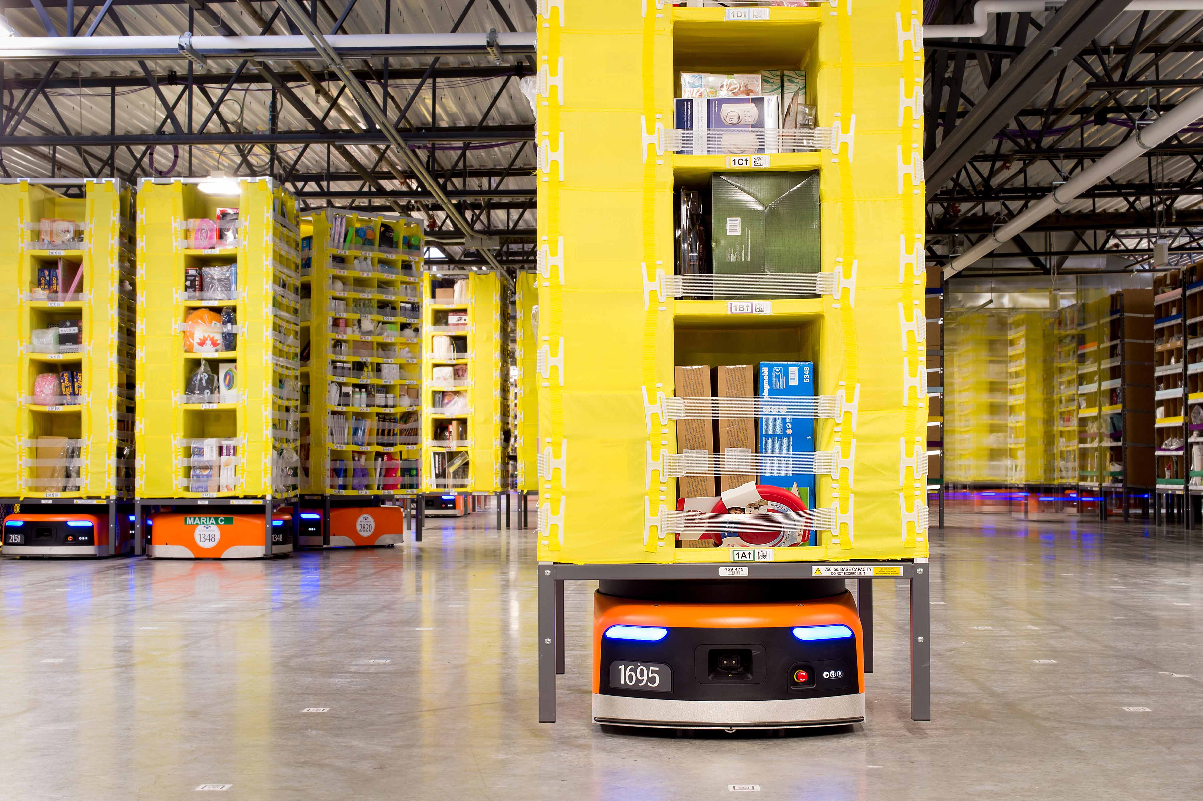 Automated Mobile Robots (AMR) help move goods at Prologis International Park of Commerce, Tracy, California