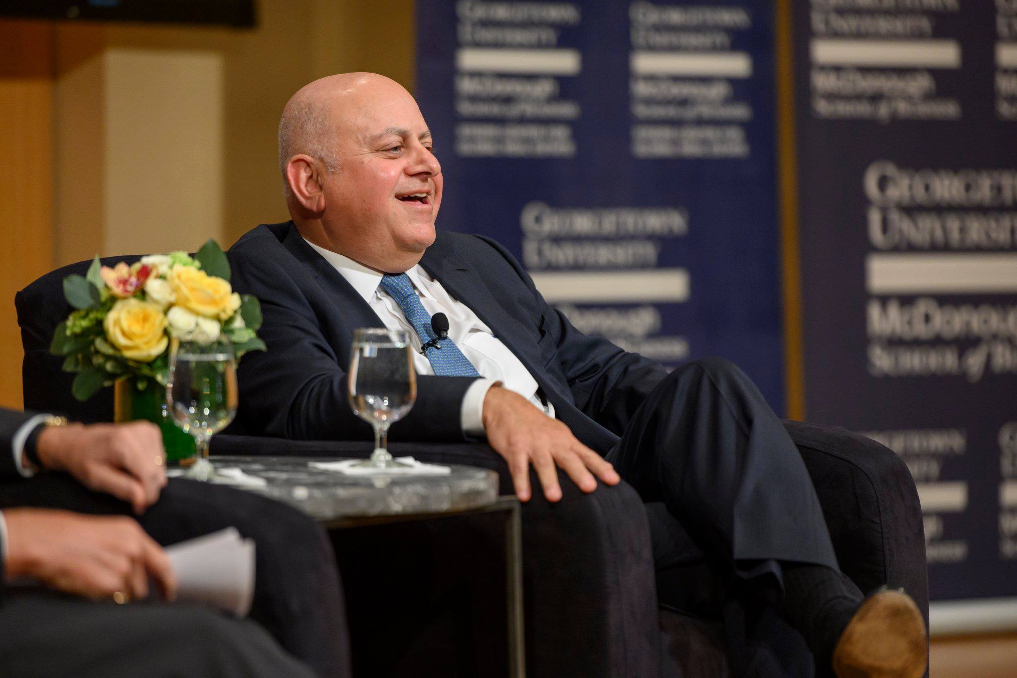 Hamid Moghadam is shown speaking at Georgetown University.