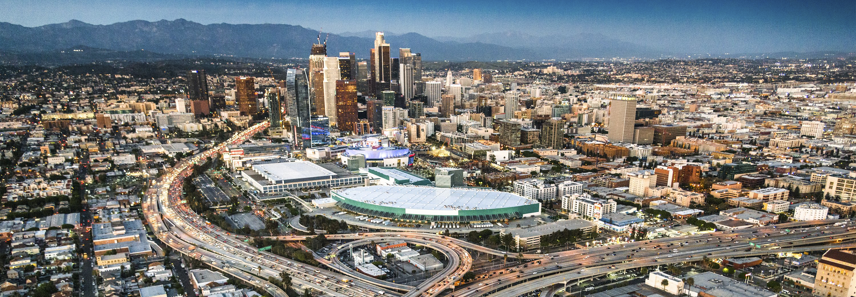 Aerial view of bustling highways running through Los Angeles, CA