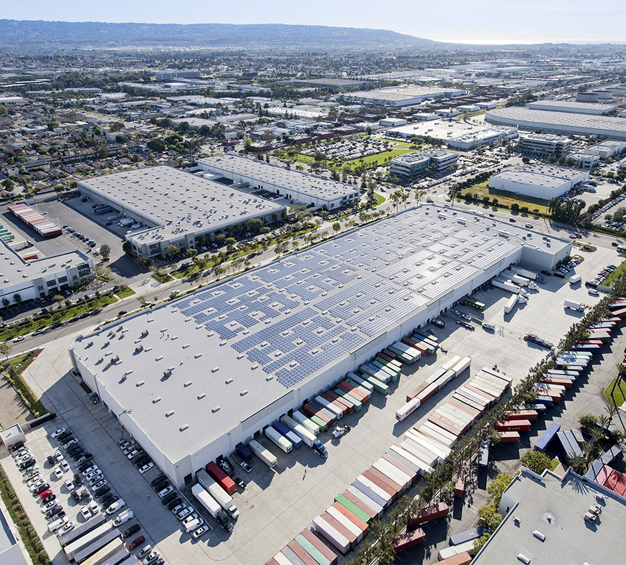Aerial view of solar panels on top of distribution center at Capelin, CA