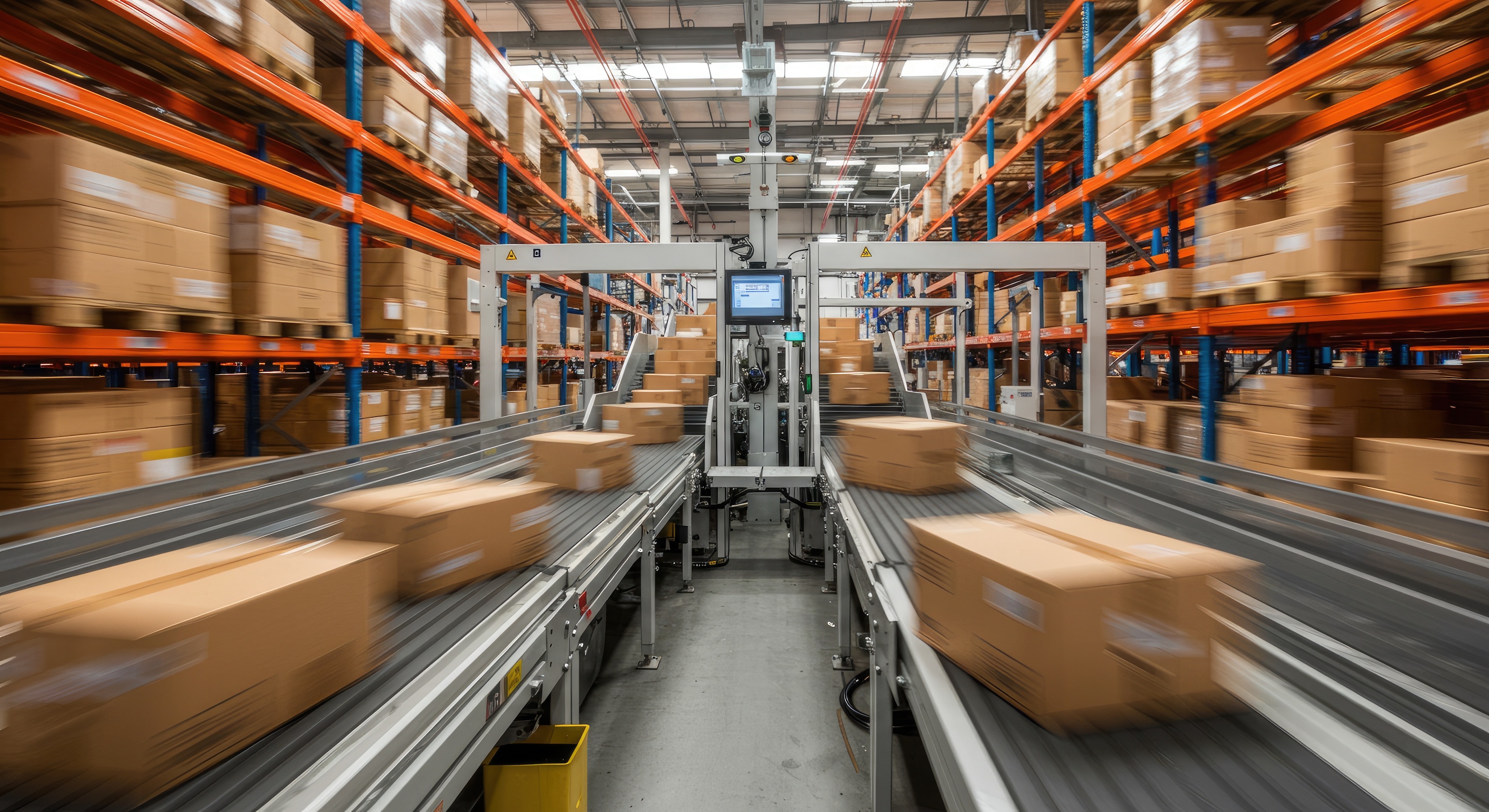 Boxes moving rapidly on a conveyor belt in a warehouse