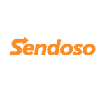 Orange Sendoso logo with white background and arrow on the top of first S