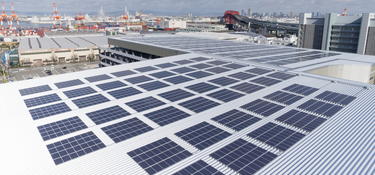 Aeriel view of solar panels atop Prologis Park Osaka 5 in Osaka, Japan