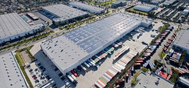 Aerial view of a solar installation on a Prologis warehouse rooftop