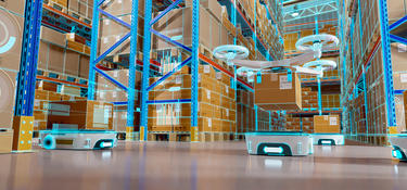 Warehouse with robots and drones carrying boxes.