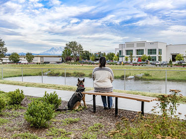 A woman and her dog sit on a bench looking at the Tacoma distribution center