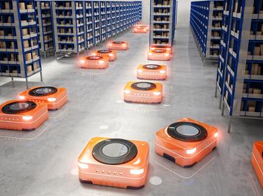 Orange robot carriers in modern warehouse. 3D rendered image.