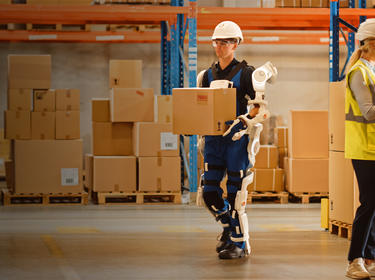 Employee wearing a Robo-human suit carrying a box