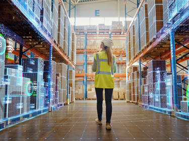 Woman walking through a warehouse with graphical representations of technology connectivity