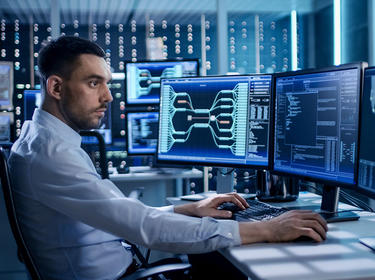 Man working in a room full of computer screens with fast reliable internet service