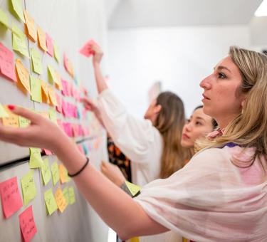 A photo of women placing sticky notes onto a wall