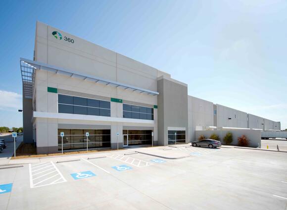 An exterior shot of a Build to suit Prologis Park 212, showing surrounding handicapped parking spots