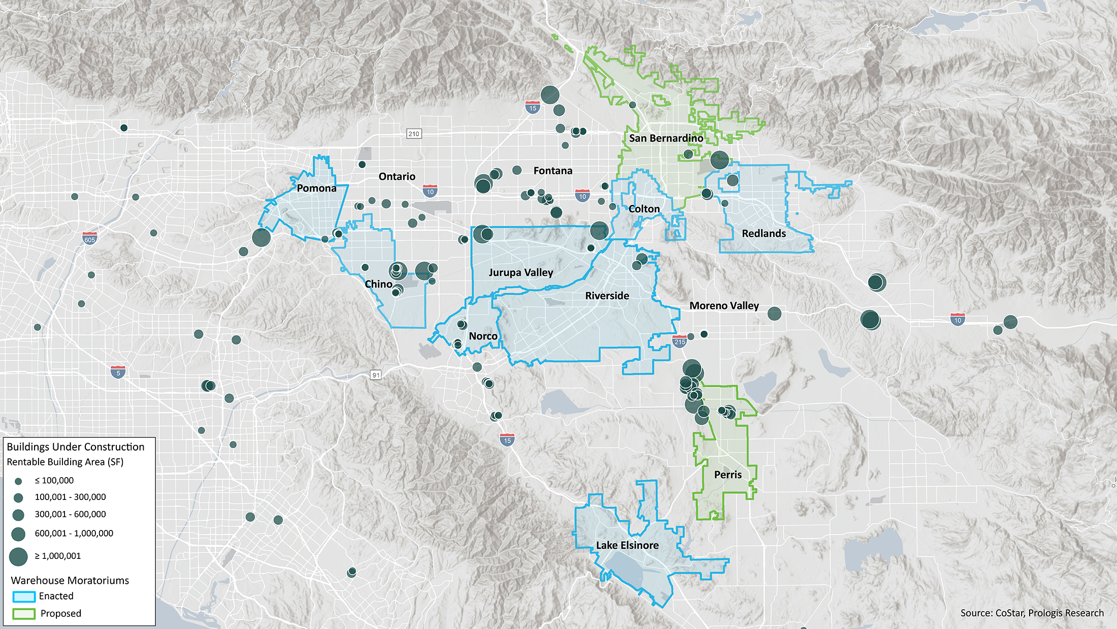 A map showing one-third of the buildings under construction in the Inland Empire were in municipalities that had proposed or enacted local moratoriums on industrial development