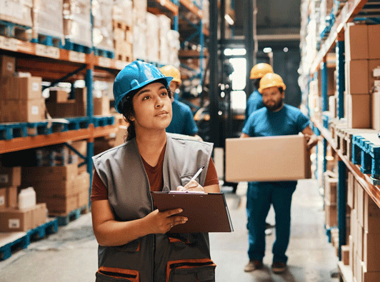 People working in a warehouse carrying boxes People working in a warehouse carrying boxes