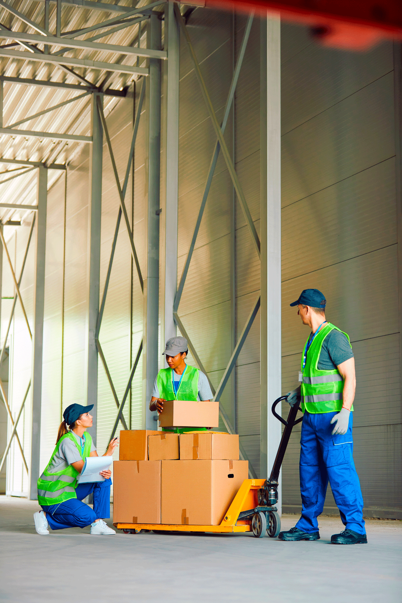 8562b90650d6c3ed745a82519c8ba9ee.png Three people in safety vests in a warehouse, looking a pallet jack with boxes