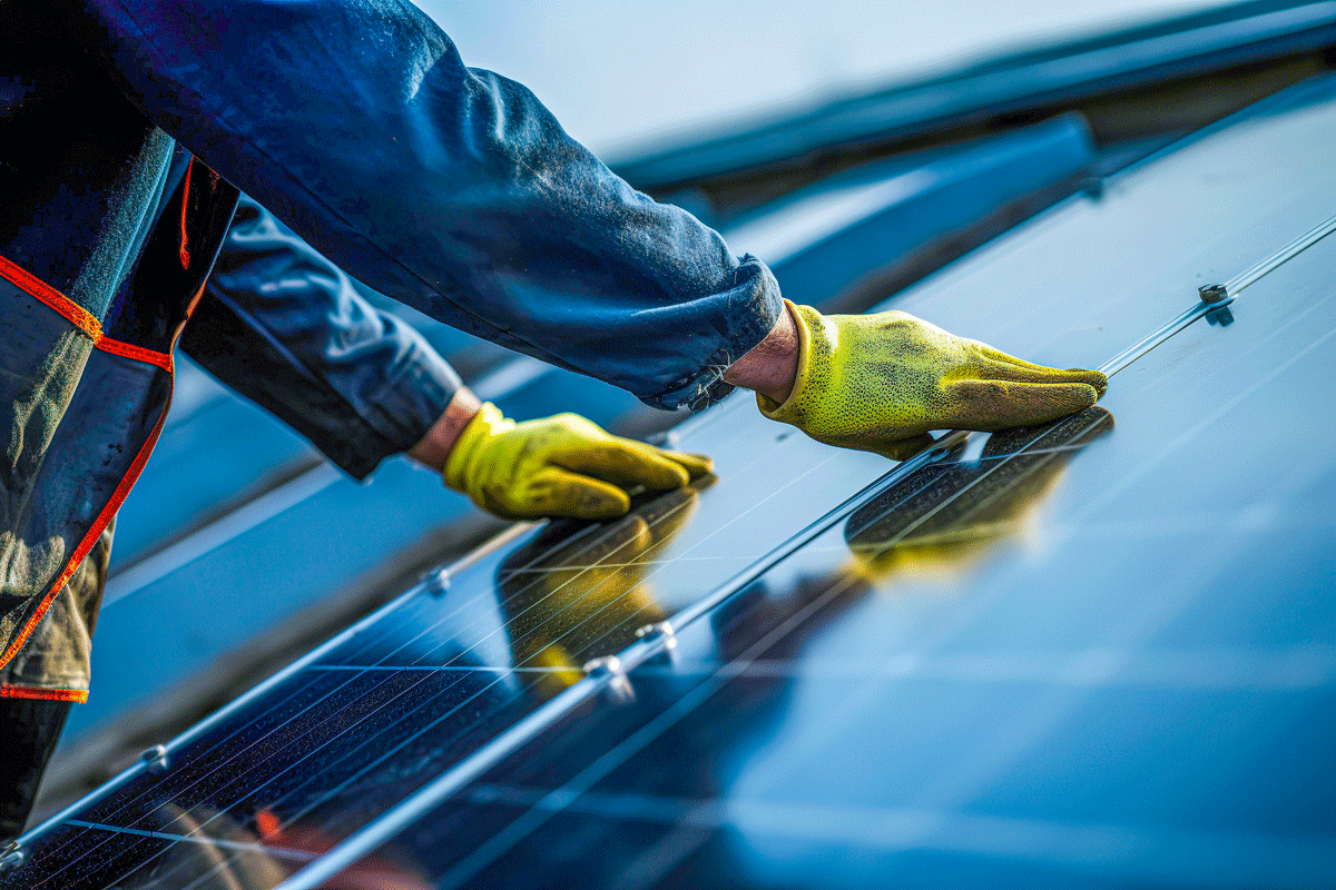 c1a499fcb6f3ca5440cd871bf6fa1a49.png Two hands in yellow gloves installing warehouse rooftop solar
