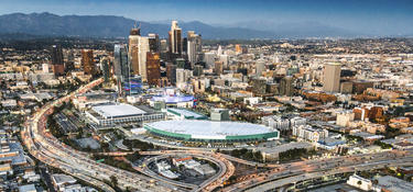 Aerial view of bustling highways running through Los Angeles, CA